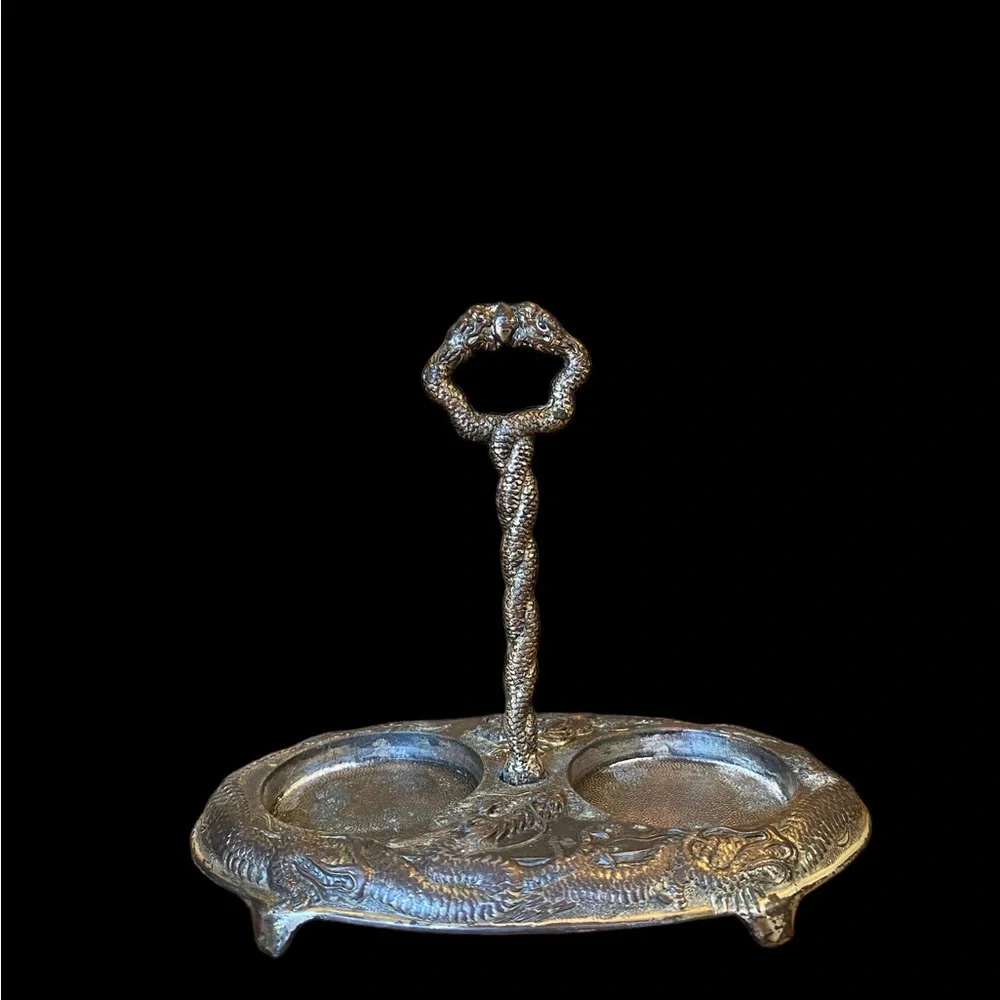 Vintage Japanese Dragon Silver Salt Cellar Caddy Tray • Repousse Antique